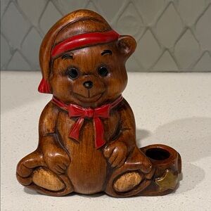 Charming Brown Bear Candle Holder with Red Details